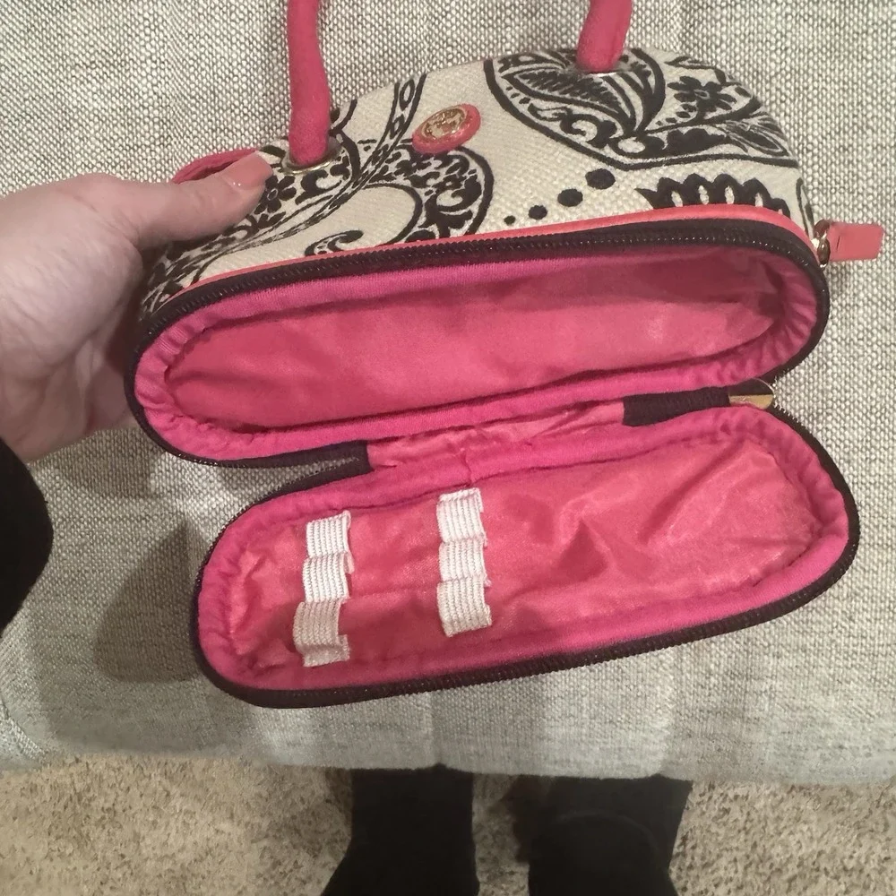 Spartina Makeup Purse Bag 449 Black‎ Tan Pink Linen Small Zip Close Travel